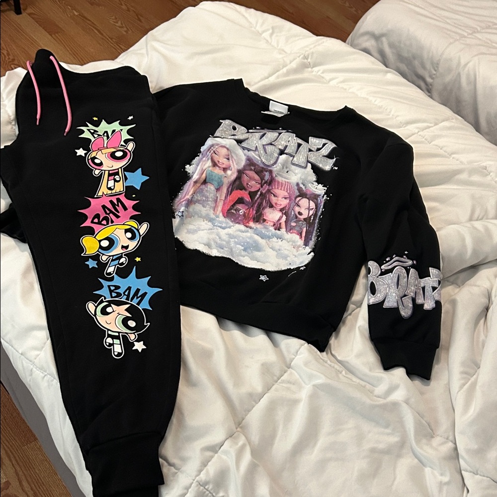 Cartoon Graphic Black Joggers with Pink Accents
